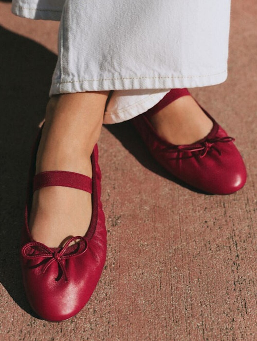 Sezane Low Amélie Ballerina Flat Cherry Red Smooth Pleated Elastic Mary Jane - Picture 2 of 7